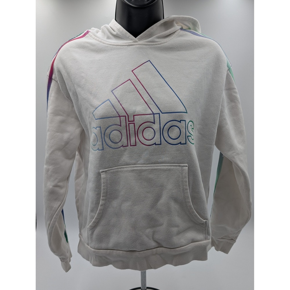 Adidas Kids White Hoodie Rainbow Logo Stripes Pullover Size XL TG EG 16